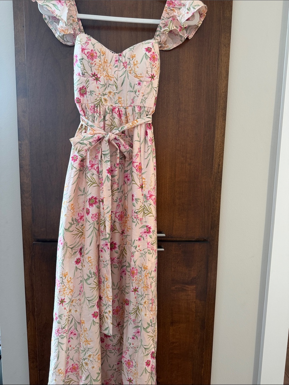Blu Pepper Pink Floral Maxi Dress with Self-Tie Waist